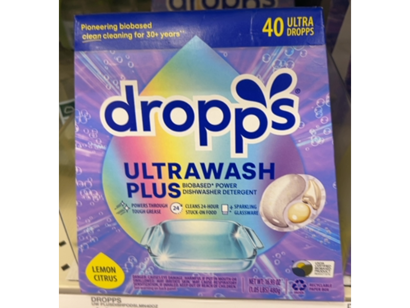 Dropps Ultrawash Plus Dishwasher Detergent, Lemon Citrus, 16.9 oz/480 g, 40 Count