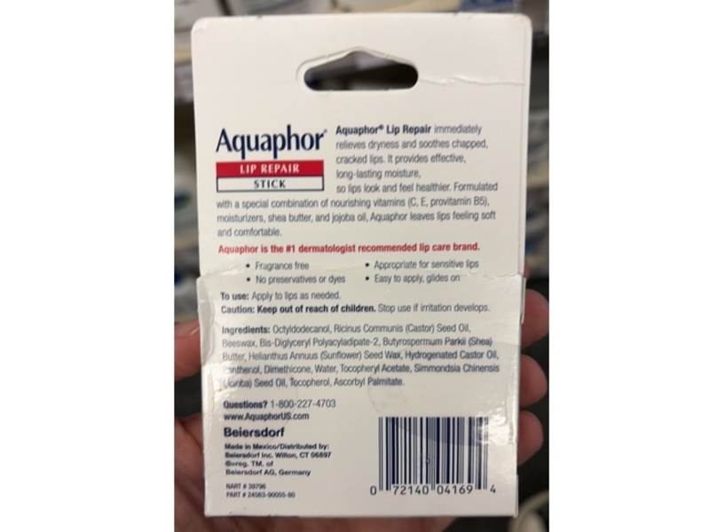 Aquaphor Lip Repair Stick, Vitamins & Shea Butter, 0.17 oz/4.8 g, Pack Of 3