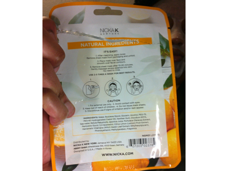 nicka k K-Beauty Detoxifying Facial Sheet Mask, Lemon,0.7 oz/20 g
