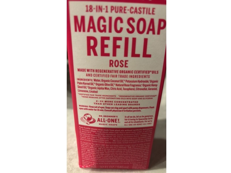 Dr. Bronner's 18-In-1 Pure Castile Magic Soap Refill, Rose, 32 fl oz/946 mL