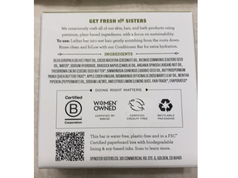 Spinster Sisters Co Shampoo Bar, Rosemary Mint, 3 oz/85 g