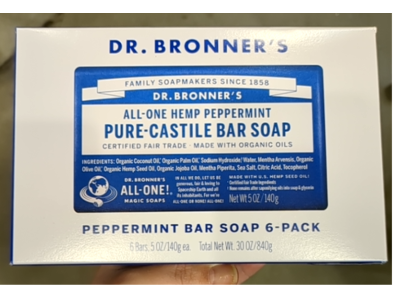 Dr. Bronner's Pure Castile Bar Soap, Peppermint, 5 oz/140 g, 6 Count