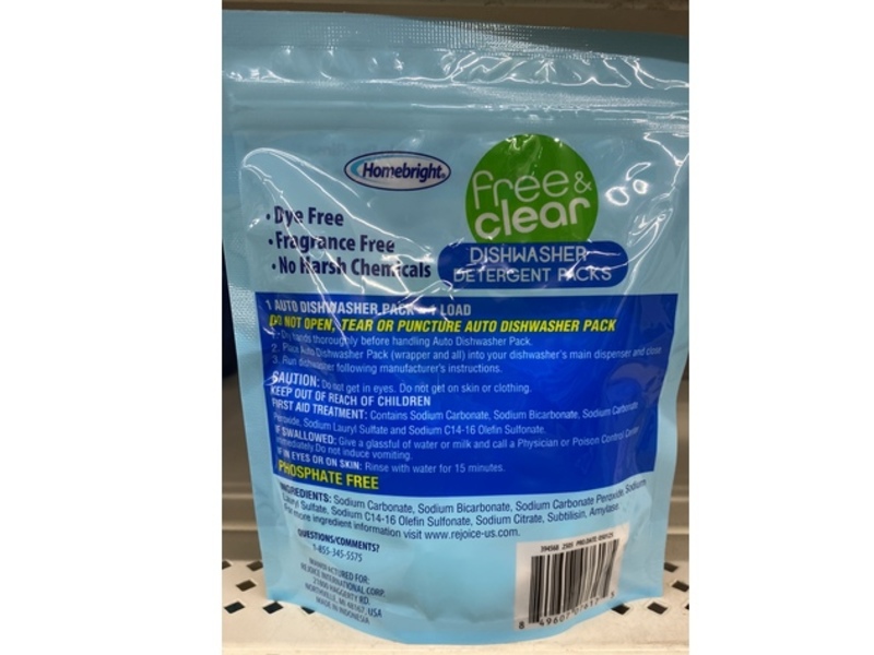 Homebright Dishwasher Detergent Packs, Free & Clear, 6.36 oz/180 g, 10 Packs