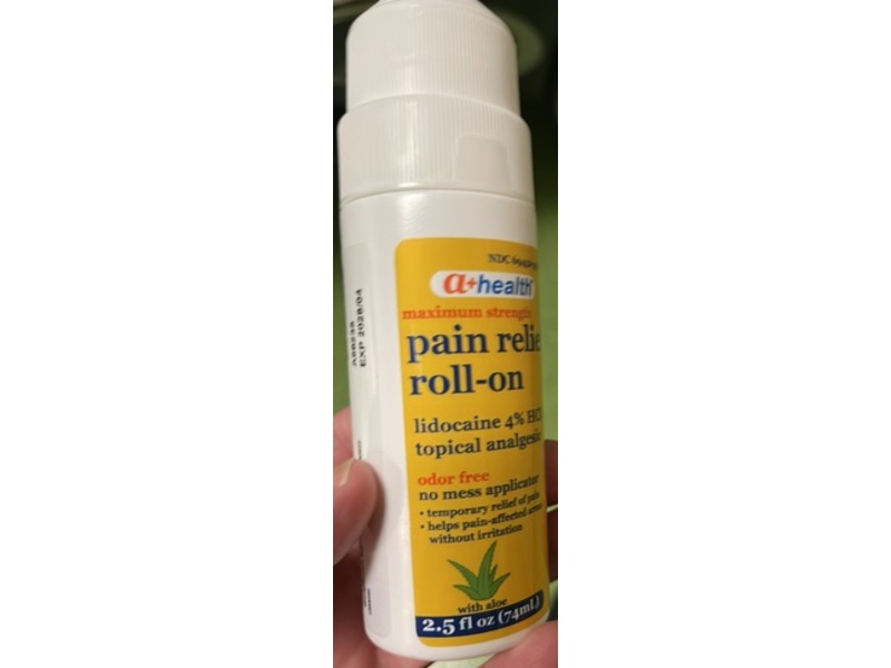 A+Health Maximum Strength Pain Relief Roll-On, Lidocaine 4%, Aloe, 2.5 fl oz/74 mL