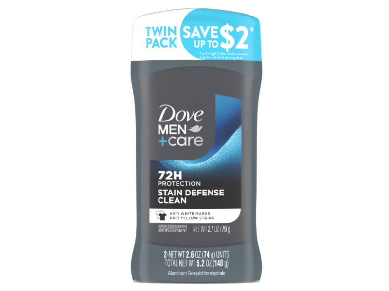 Dove Men+Care 72H Protection Stain Defense Clean Antiperspirant, 2.6 oz/74 g, Pack Of 2