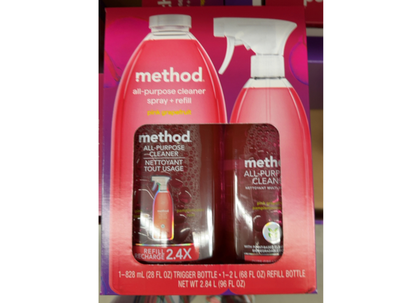 Method All-Purpose Cleaner Spray + Refill, Pink Grapefruit, 28 fl oz/828 mL + 68 fl oz/2 L