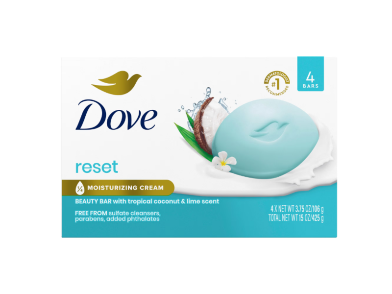 Dove Reset Beauty Bar, Tropical Coconut & Lime Scent, 3.75 oz/106 g, Pack Of 4