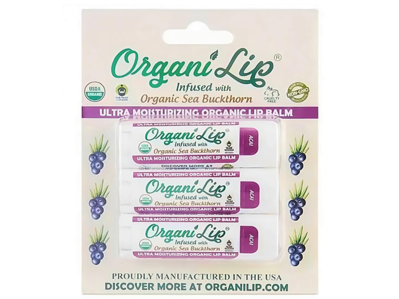 OrganiLip Ultra Moisturizing Organic Lip Balm, Organic Sea Buckthorn, Acai, 15 oz/4.25 g, Pack Of 3