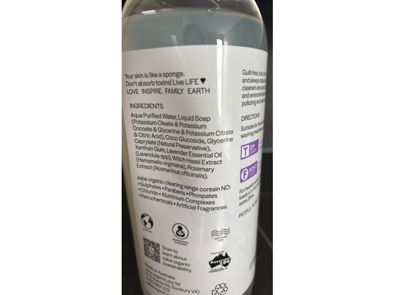 Saba Organic Laundry Liquid, Tasmanian Lavender, 33.81 fl oz/1 L