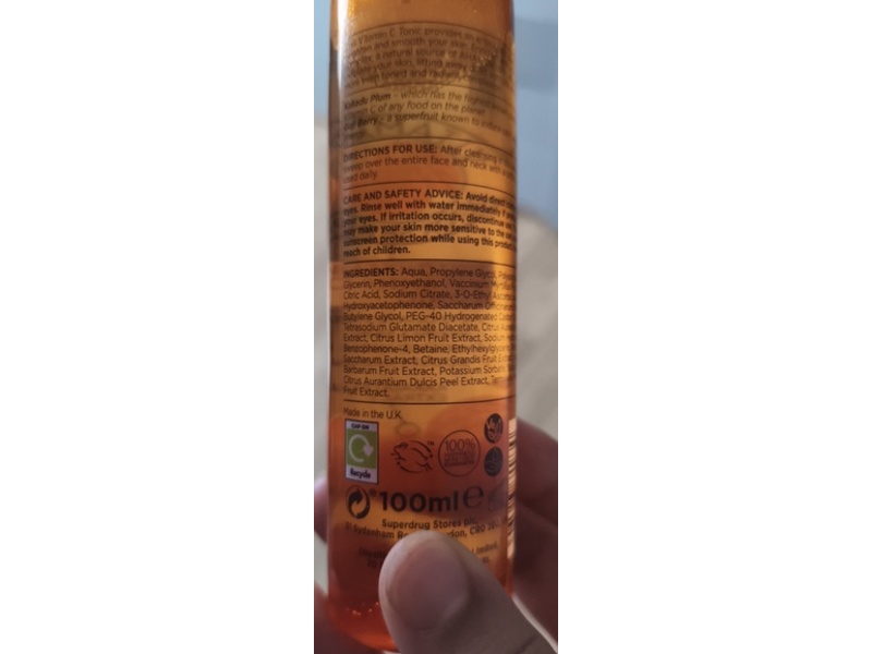 Superdrug Brightening Vitamin C Tonic, Kakadu Plum Goji Berry Extract, 100 mL