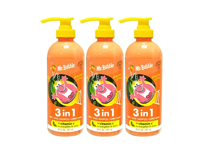 Mr. Bubble 3-in-1 Body Wash + Shampoo + Conditioner, Spirited Citrus, 20 fl oz/591 mL, Pack Of 3