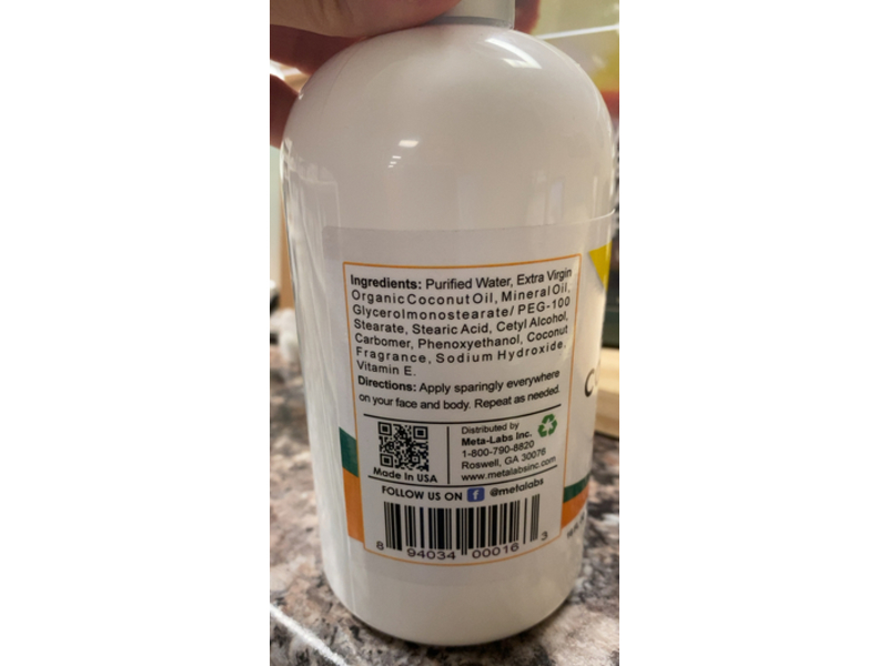 Meta Labs Face & Body Lotion, Extra Virgin Coconut Oil, 16 fl oz/472 mL