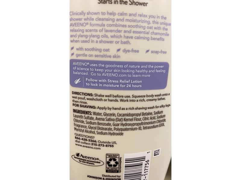 Aveeno Stress Relief Body Wash, Calm & Relaxes, Lavender, Chamomile & Ylang-Ylang, Lavender Scented, 18 fl oz/532 mL