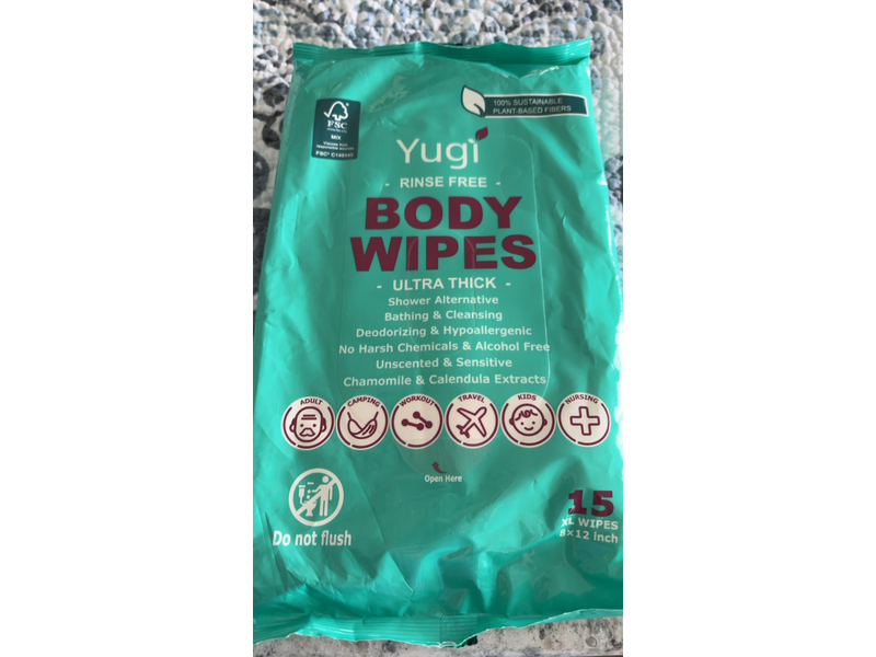 Yugi Rinse Free Ultra Thick Body Wipes, Chamomile & Calendula Extracts, 15 Wipes