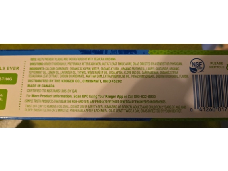 Simple Truth Toothpaste, Peppermint, 4.9 oz/138 g