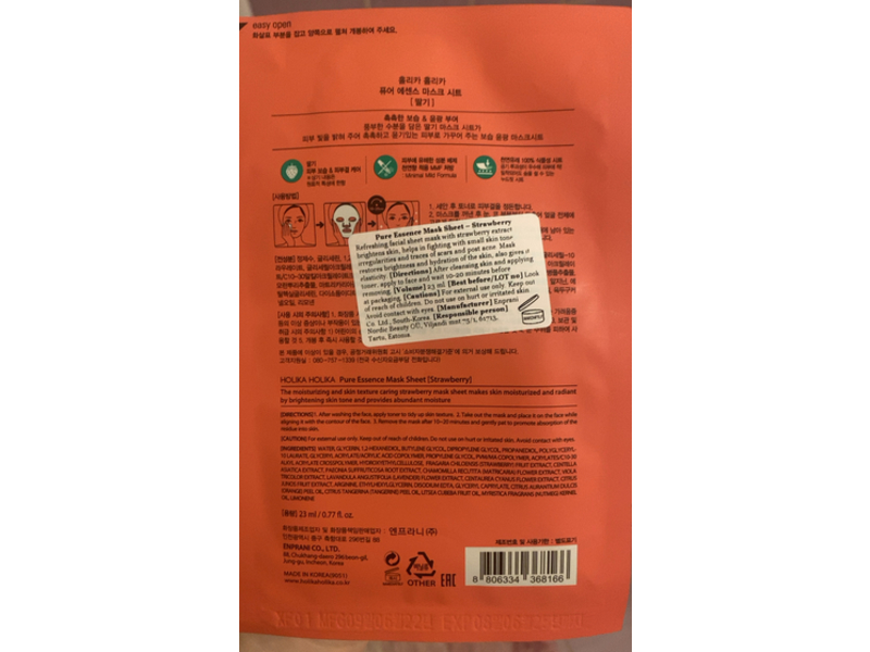 Holika Holika Pure Essence Mask Sheet, Strawberry, 0.77 fl oz/23 mL