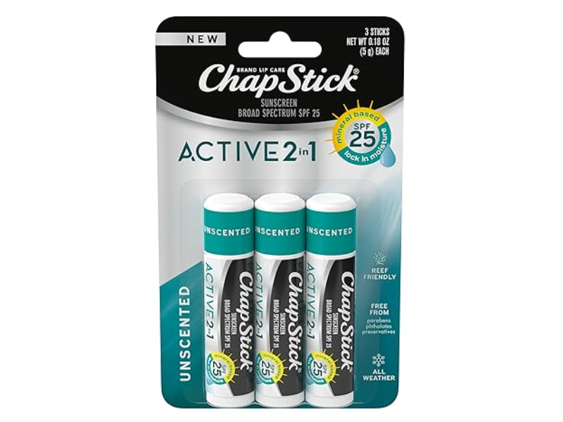 Chapstick Active 2 In 1 Sunscreen Lip Balm, SPF 25, Unscented, 0.18 oz/5 g, Pack Of 3