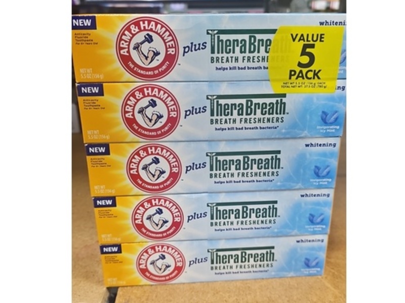 Arm & Hammer TheraBreath Whitening Breath Freshners Toothpaste, Icy Mint, 5.5 oz/156 g, Pack Of 5