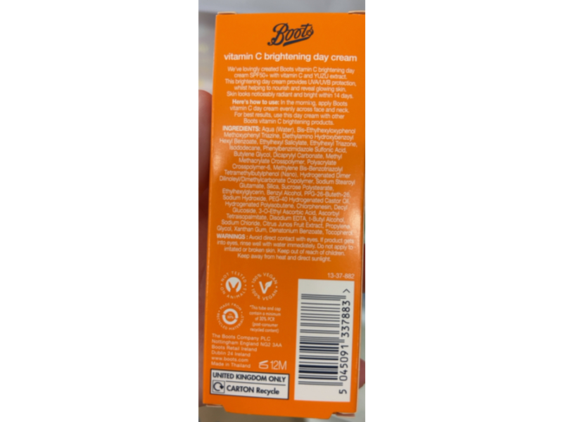 Boots Vitamin C Brightening Day Cream, Vitamin C & Yuzu, SPF 50+, 1 fl oz/30 mL