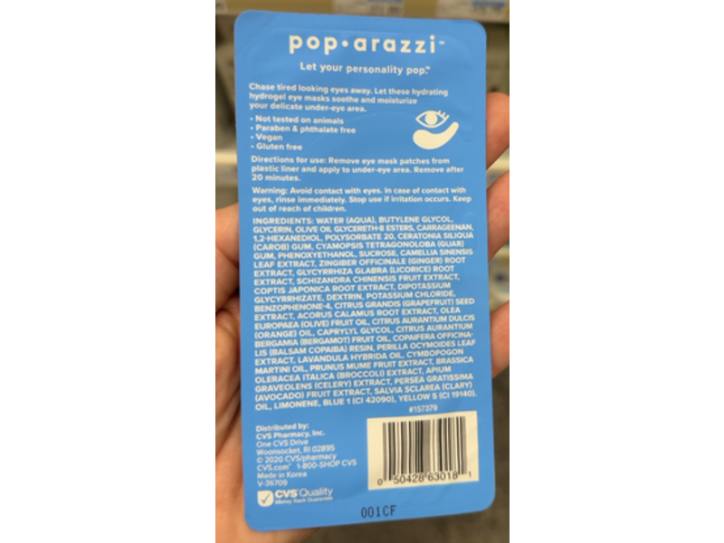 Pop. Arazzi Hydrogel Eye Mask, Green Tea & Avocado Extracts, 0.35 oz/10 g