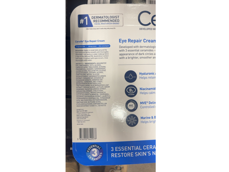 CeraVe Eye Repair Cream, Niacinamide & Hyaluronic Acid, 0.5 oz/14.2 g, 2 Count