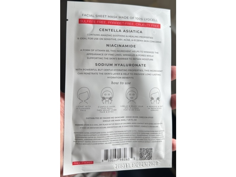 Rajani MD Bright & Tight Vitalizing & Hydrating Korean Peptides Sheet Mask, Cherry, Cocoa & Hyaluronic, 1.01 fl oz/30 mL