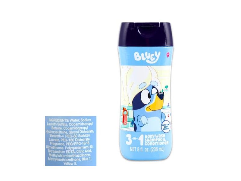 Bluey 3 In 1 Body Wash, Shampoo & Conditioner + Stickers, Berry, 8 fl oz/236 mL