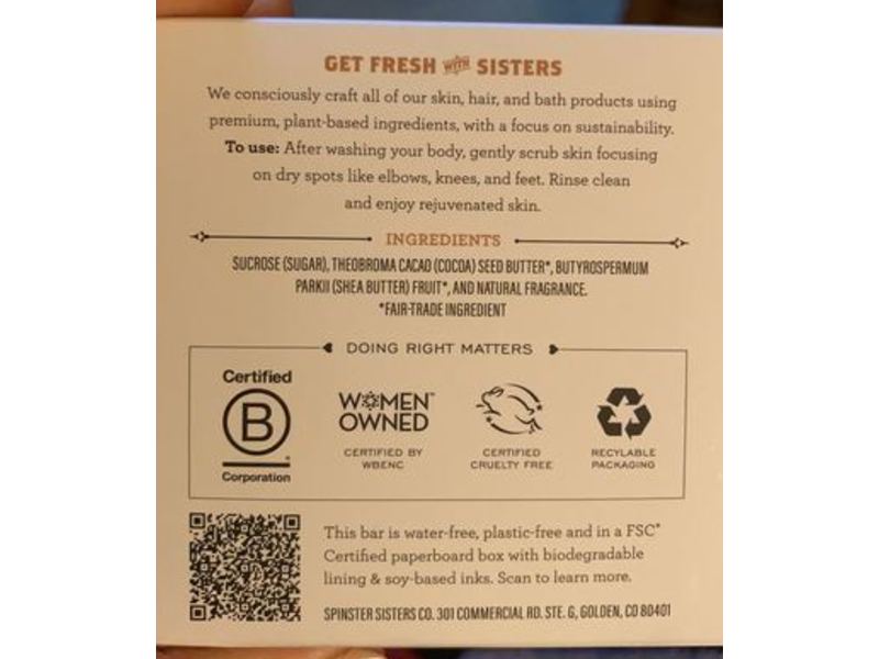 Spinster Sisters Co. Sugar Scrub Bar, Oatmeal Milk & Honey, 4 oz/113 g