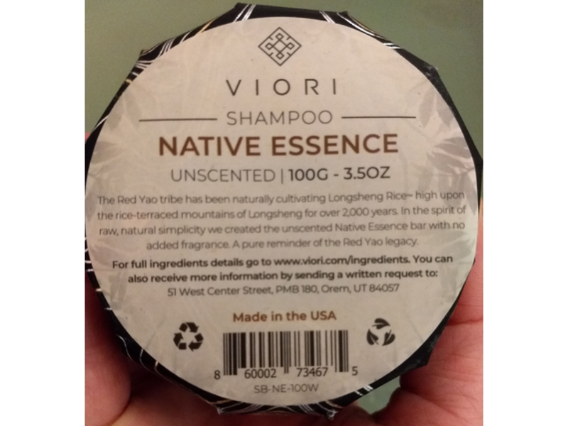 Viori Native Essence Shampoo Bar, Unscented, 3.5 oz/100 g