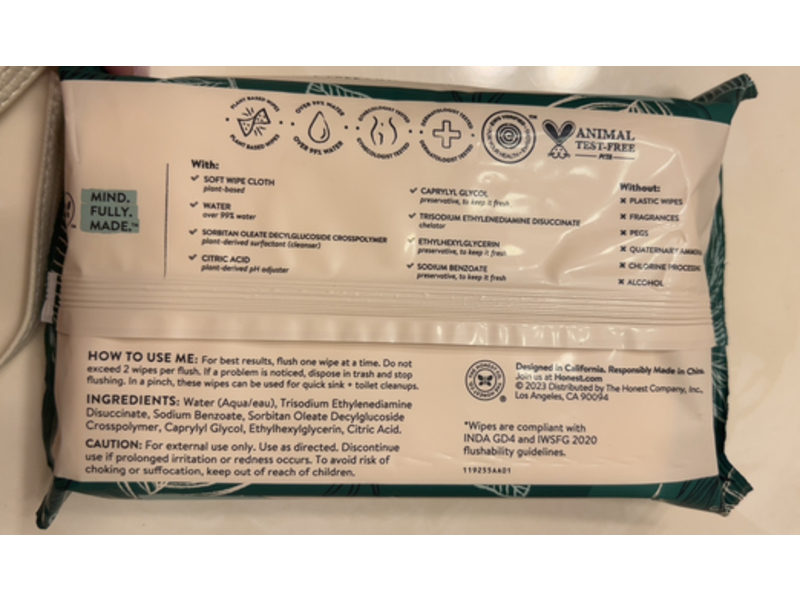 Honest Flushable Wipes, Tropical Leaves, 42 Count, Pack Of 3