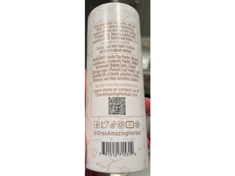 Ora's Amazing Herbal Baby Powder, Vanilla Amber, 2.5 oz/71 g
