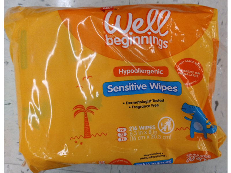Well Beginnings Sensitive Wipes, Hypoallergenic, Fragrance Free, 216 Count