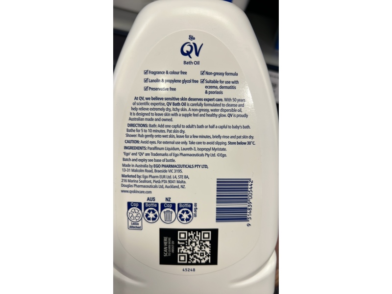 EGO QV Bath Oil, Sensitive Skin, 1 L
