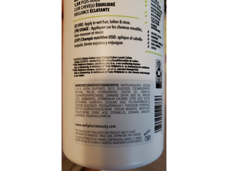 Wellphoria Nourishing Shampoo, Cbd 50 Ppm + Hemp Oil, 32 fl oz/946 mL