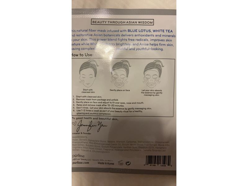 Purlisse Blue Lotus + White Tea Treatment Sheet Mask, 0.74 oz/21 g