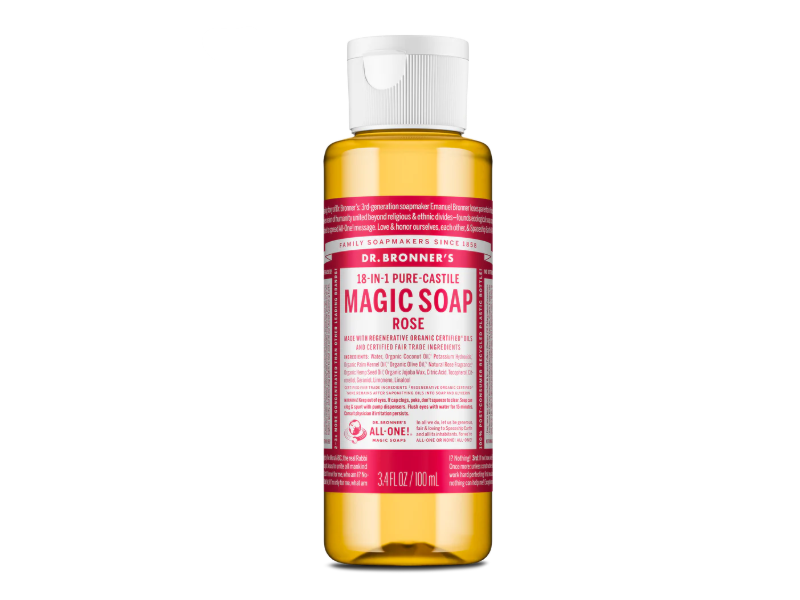 Dr.Bronner's 18-In-1 Pure Castile Magic Soap, Rose, 3.4 fl oz/100 mL