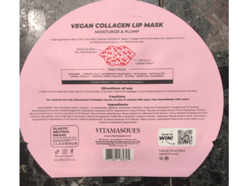 Vitamasques Vegan Collagen Lip Mask Moisturise & Plump, Cherry, 0.13 fl oz/4 mL