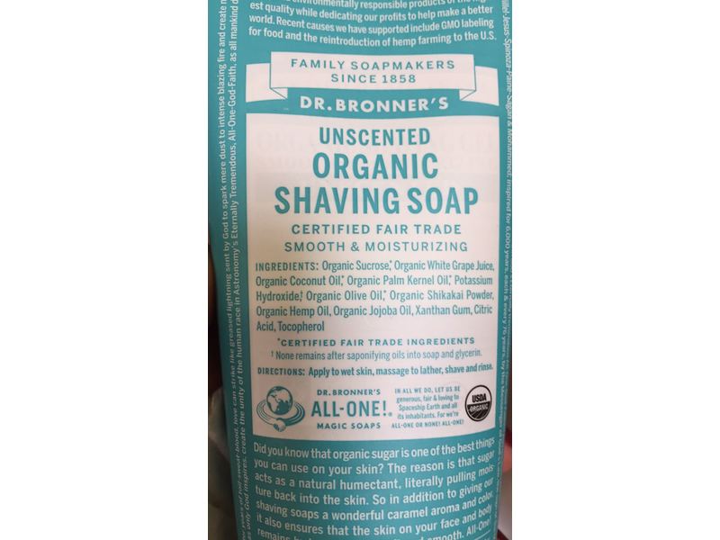Dr. Bronner's Unscented Organic Shaving Soap, 7 fl oz/207 mL