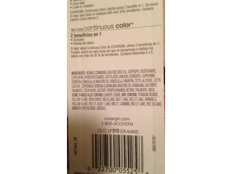 CoverGirl Continuous Color Lipstick, Sugar Almond 010, .13 oz