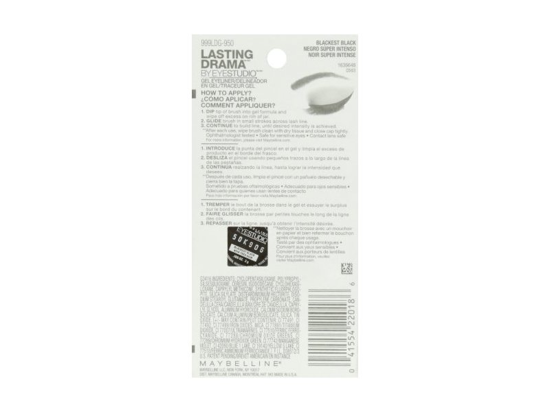 Maybelline New York Eye Studio Lasting Drama Gel Eyeliner, Blackest Black, 0.106 oz.
