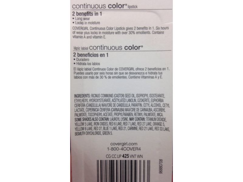 CoverGirl Continuous Color Lipstick, Vintage Wine 425, .13 oz