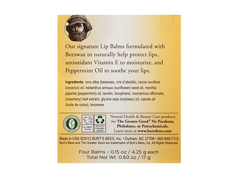 Burt's Bees Lip Balm, Beeswax, 0.15 oz., 4 Count